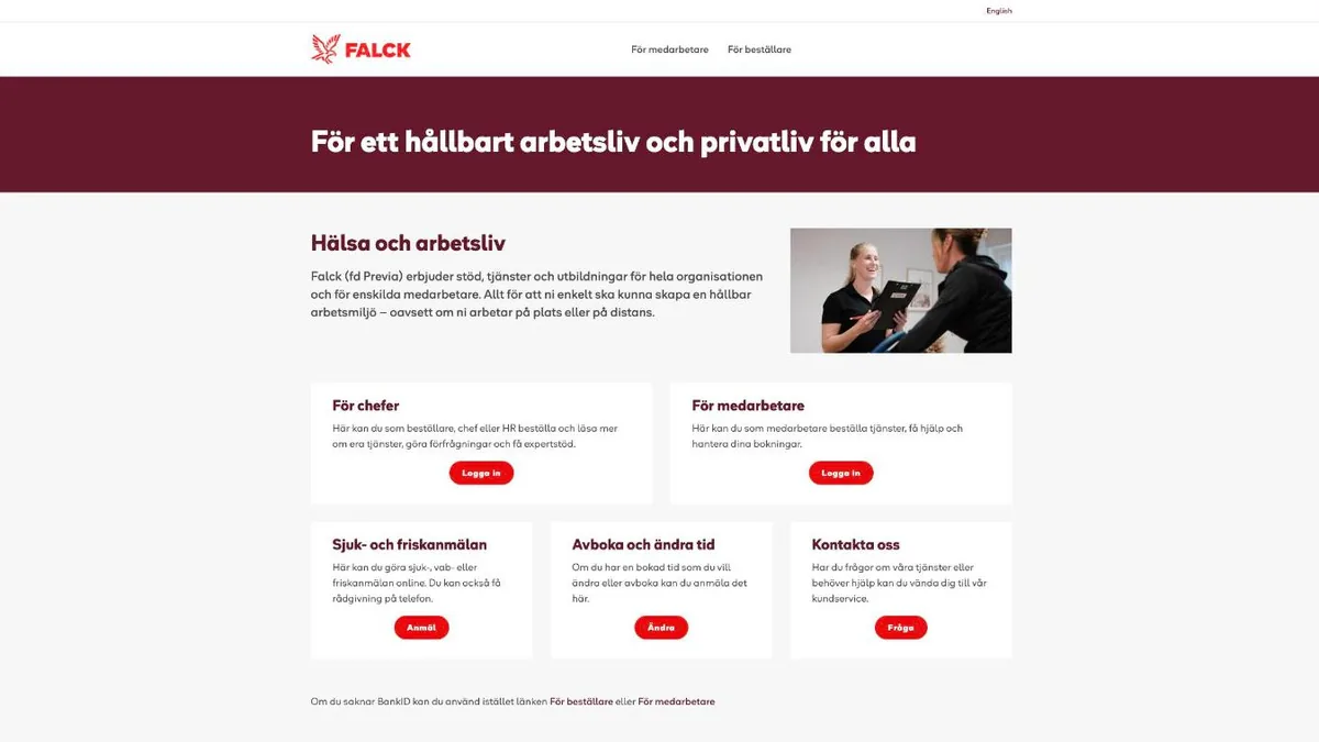 Falck's customer portal, with its service cards for managers and employees