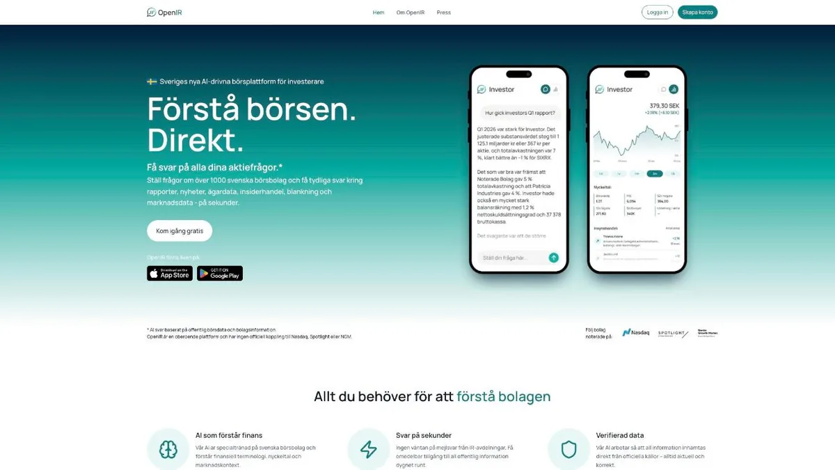 Three OpenIR app screens: the company picker, a share price chart, and an answer about revenue