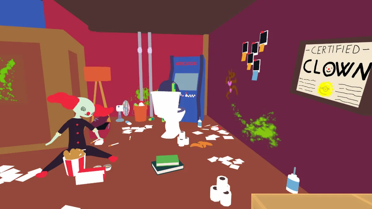 A scene from The Postman Cometh: a clown sprawled on the floor of a cluttered red room