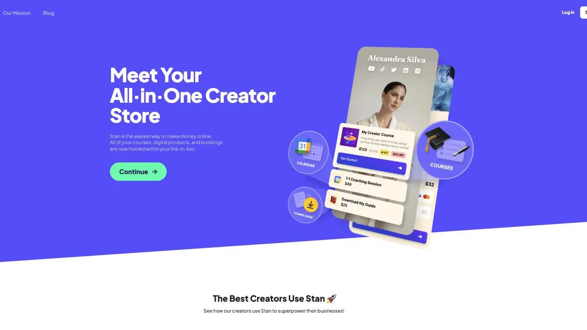 Two creator storefronts built on Stan, shown on phones beside their owners